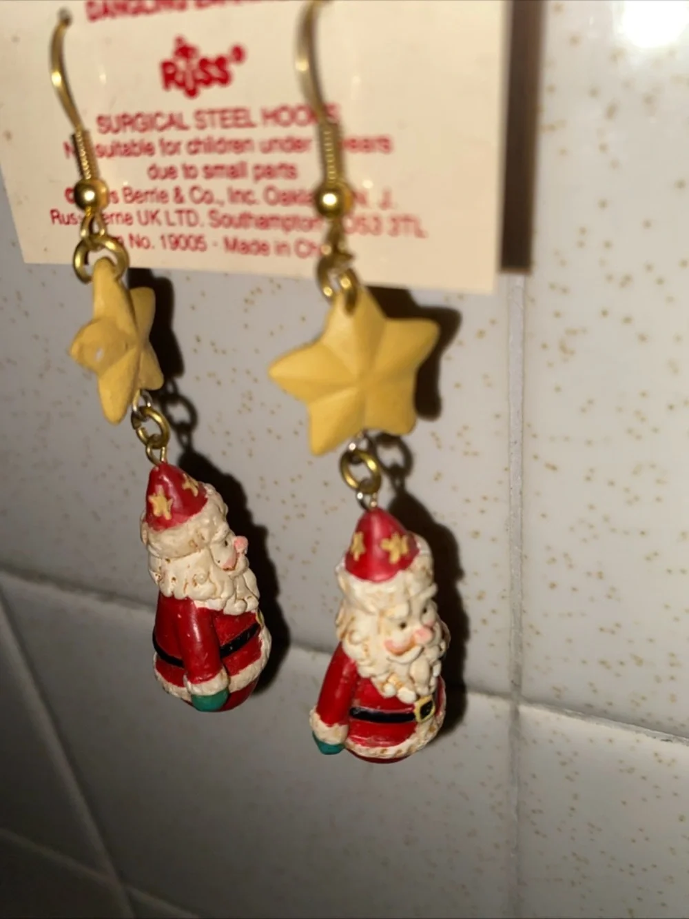 VTG Russ Kringle Cuties Dangle Earrings Surgical Steel Hooks Santa Claus